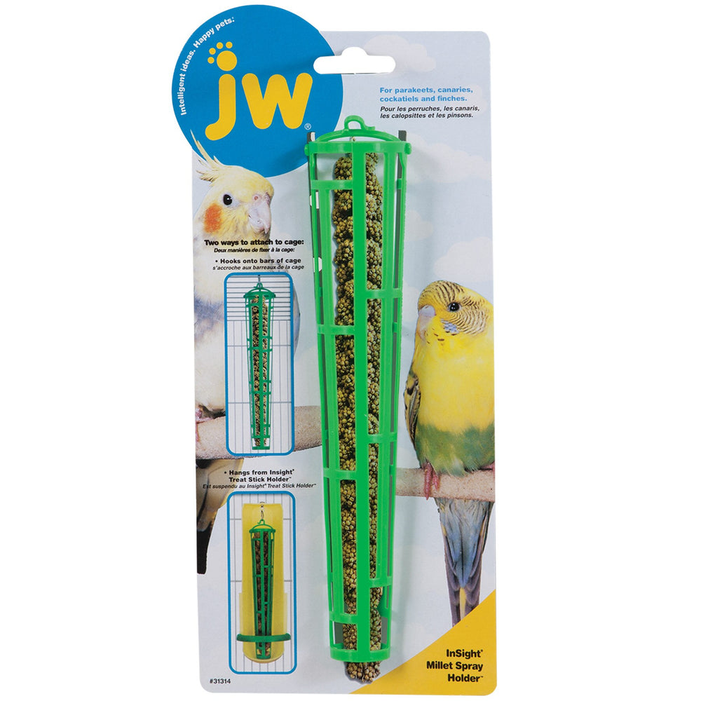 The JW Millet Spray Holders packaging displays a green plastic holder with images of cockatiels and parakeets. It highlights two mounting options and its suitability as a treat to stimulate natural foraging instincts in pet birds.