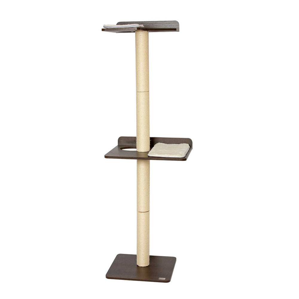 Introducing the PetFusion Ultimate Cat Climbing Tower & Activity Tree, featuring a sleek design with beige sisal posts and two carpeted platforms: a cozy lower seating area and a top spot with cushioned pads. A dark brown base and platforms complete this stylish retreat for your feline friend.