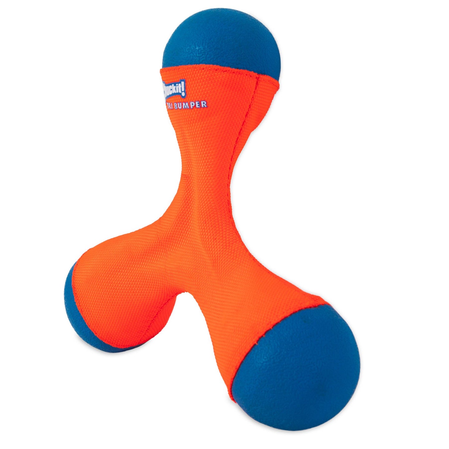 Introducing the Chuckit! Amphibious Tri-Bumper Fetch Toy by Chuckit: a vibrant orange and blue, boomerang-shaped dog toy designed for land and water play.