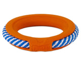 The Chuckit! FetchTug 2-in-1 Dog Toy Ring by Chuckit features a textured orange ring with Chuckit! embossed on it and a blue and white striped woven wrap for enhanced durability.