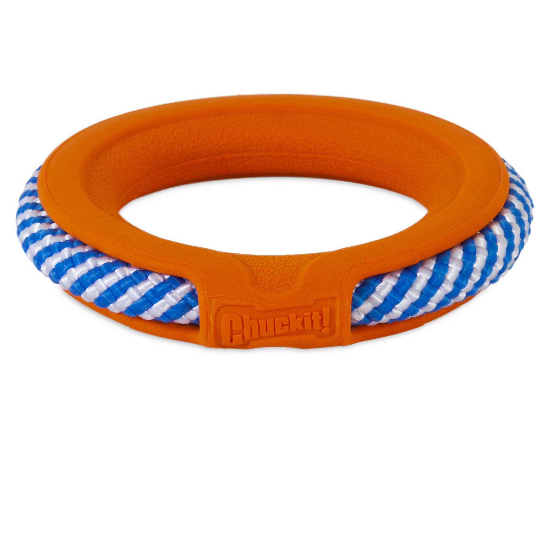 The Chuckit! FetchTug 2-in-1 Dog Toy Ring by Chuckit features a textured orange ring with Chuckit! embossed on it and a blue and white striped woven wrap for enhanced durability.