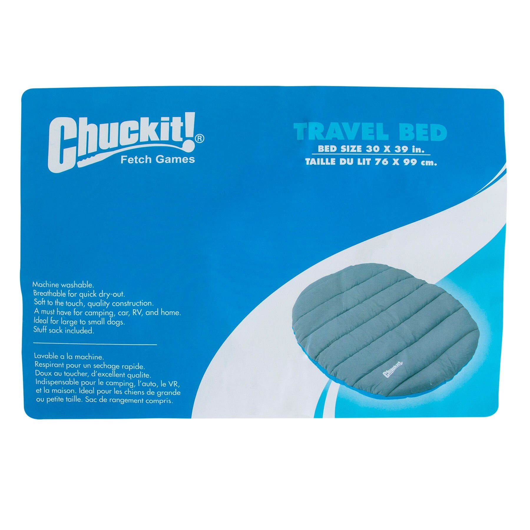 The Chuckit! Travel Pillow Bed’s blue packaging emphasizes its machine washability and quick-dry traits. It includes a Portable Stuff Sack and features a gray, circular 30 x 39-inch padded bed, ideal for pets on the go.