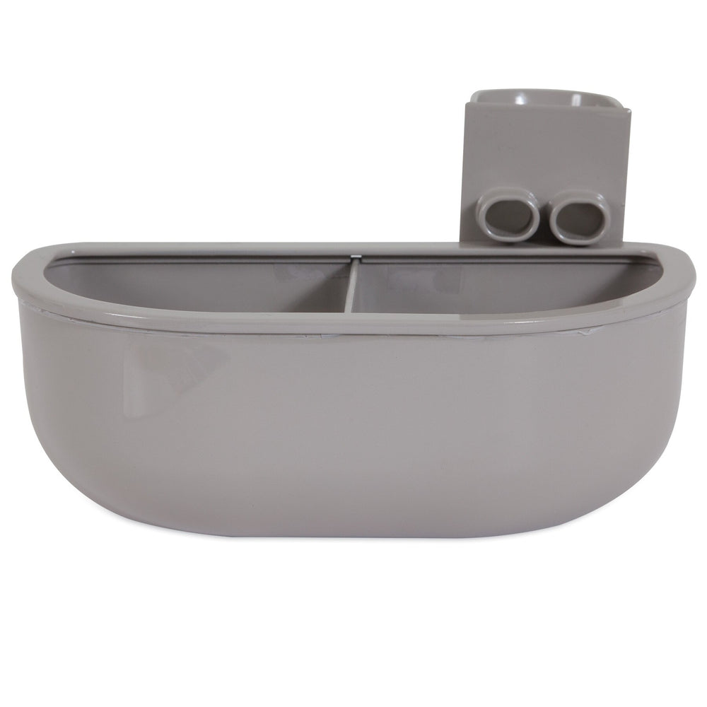 The Petmate No Spill Kennel Cup Double Diner by Petmate is a gray, BPA and lead-free plastic container with a rounded rectangular shape, featuring two compartments, two circular holes near the top, and a hook for hanging—ideal for travel.