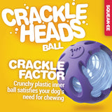 A yellow ad showcases the Jw Crackle Heads Crackle Ball Dog Toy, a purple ball with a plastic inner layer. Highlighting the crackle factor, it ensures interactive play that fulfills chewing instincts. A red vertical banner reads Squeak-ee.