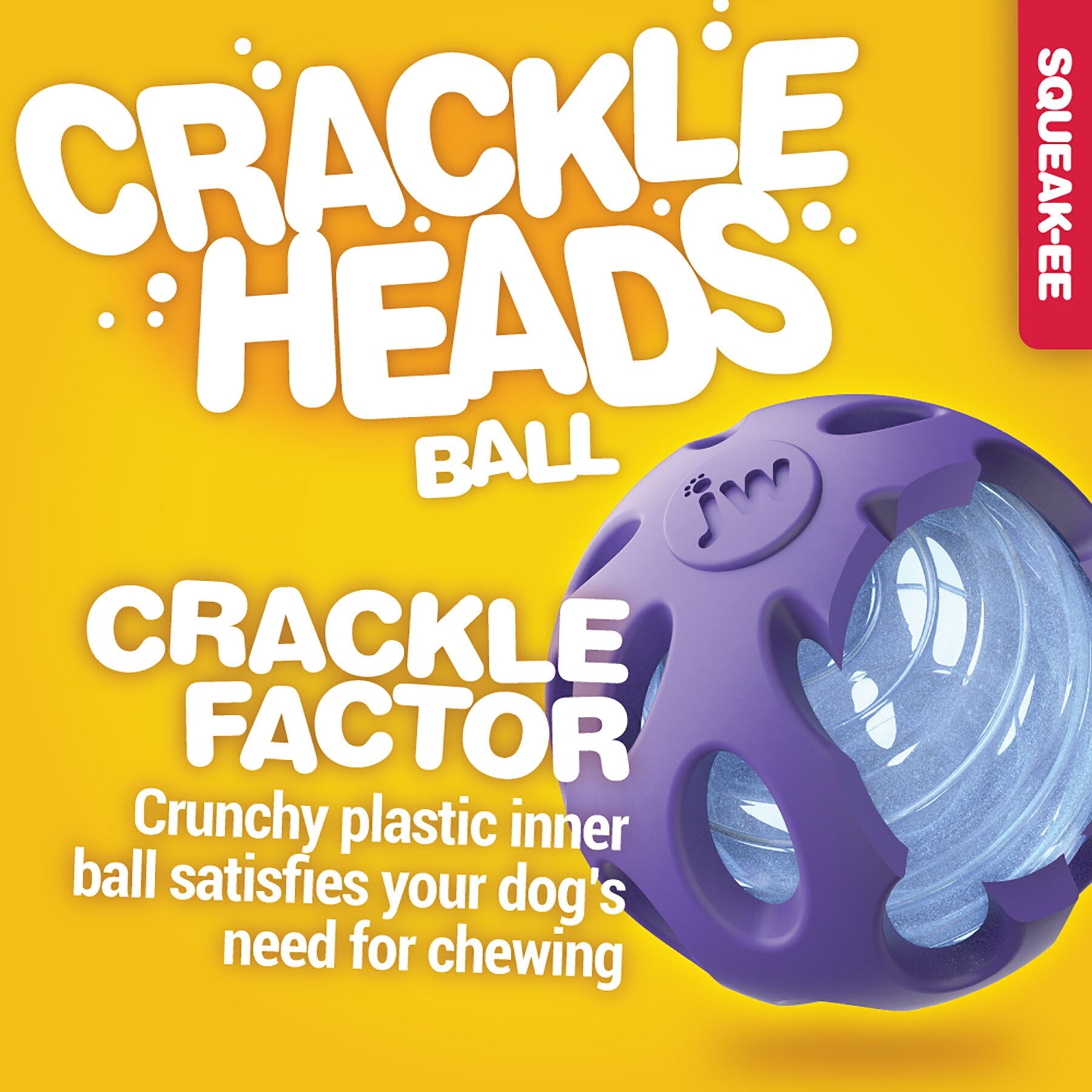 A yellow ad showcases the Jw Crackle Heads Crackle Ball Dog Toy, a purple ball with a plastic inner layer. Highlighting the crackle factor, it ensures interactive play that fulfills chewing instincts. A red vertical banner reads Squeak-ee.