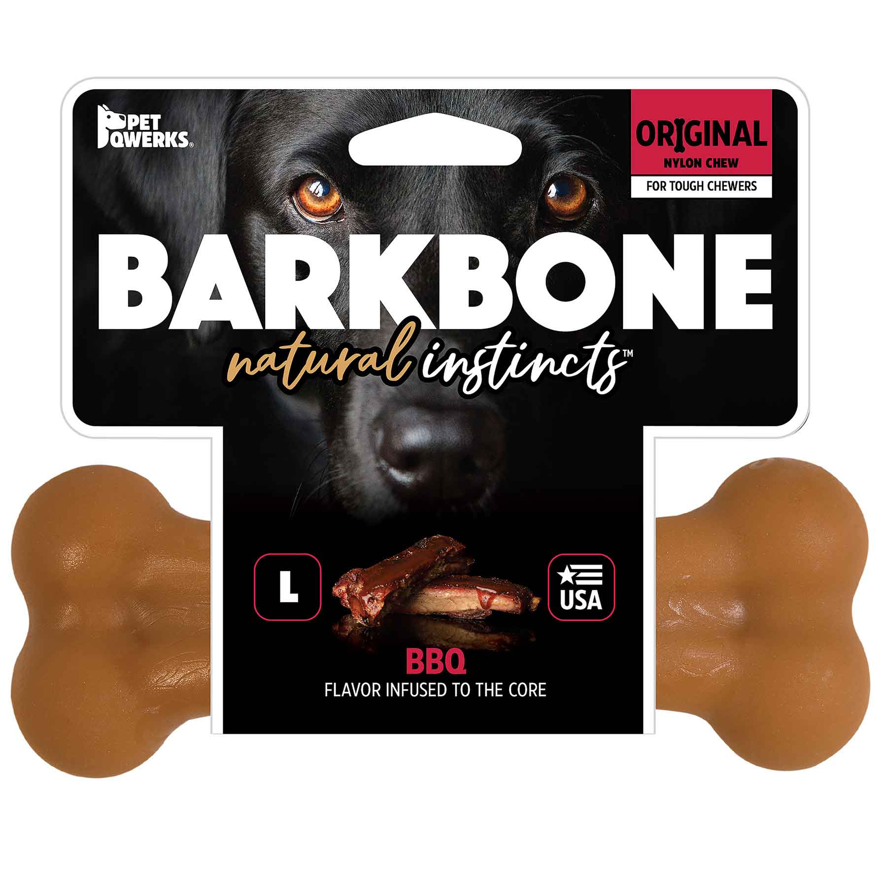 Meet the BarkBone Natural Instincts BBQ-Infused Nylon Dog Chew, perfect for tough chewers and inspired by natural instincts. With a black dogs face above its name, this USA-made original nylon chew toy promises lasting enjoyment.