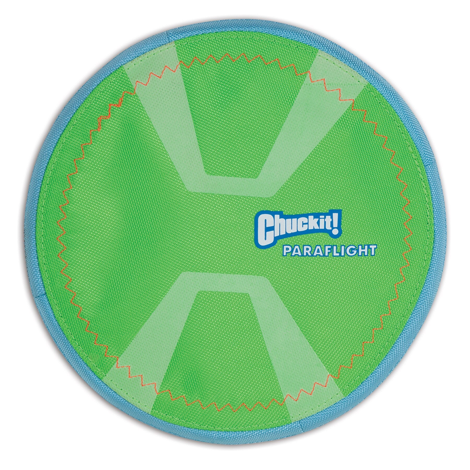 Discover the Chuckit Paraflight Max Glow Flyer Dog Toy—a green and blue, flexible fetch toy for dogs featuring a fabric surface with an X-shaped pattern and Chuckit logo. Now available in a glow-in-the-dark version to enhance nighttime play.