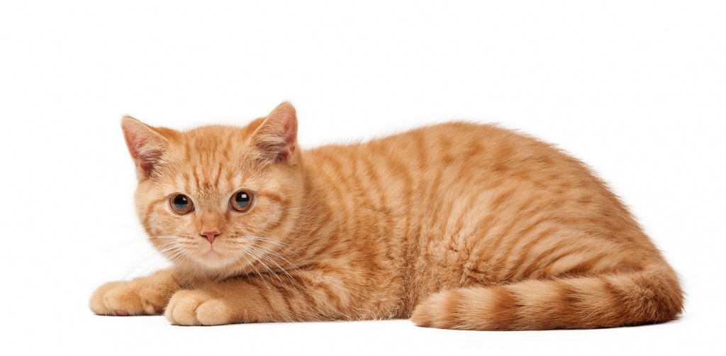 A ginger cat lying down, facing forward, with a calm expression