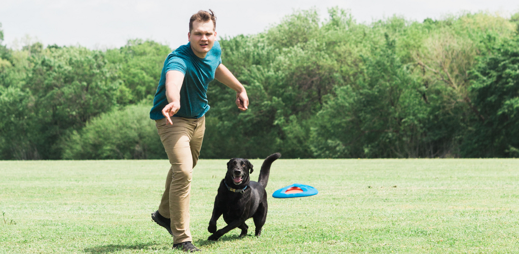 A man playing fetch with a black dog in a grassy field, pointing ahead while the dog happily runs towards the Chuckit! Rope Fetch dog toy flying through the air.