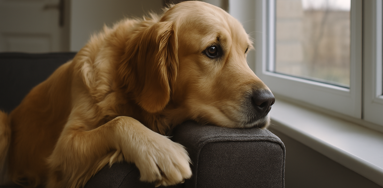 Golden Retriever laying its head on a couch arm, gazing pensively out a nearby window