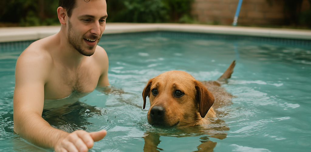 Man guiding a brown dog through pool water, teaching it to swim with calm encouragement