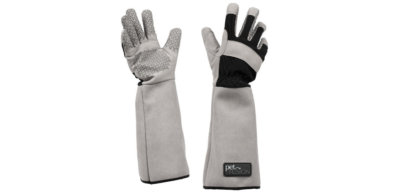 Pair of gray PetFusion pet grooming gloves with long protective cuffs, textured grip palms, and reinforced fingertips, ideal for safe handling of cats, dogs, and other animals