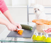 Dog watching carrots being cut up for a treat