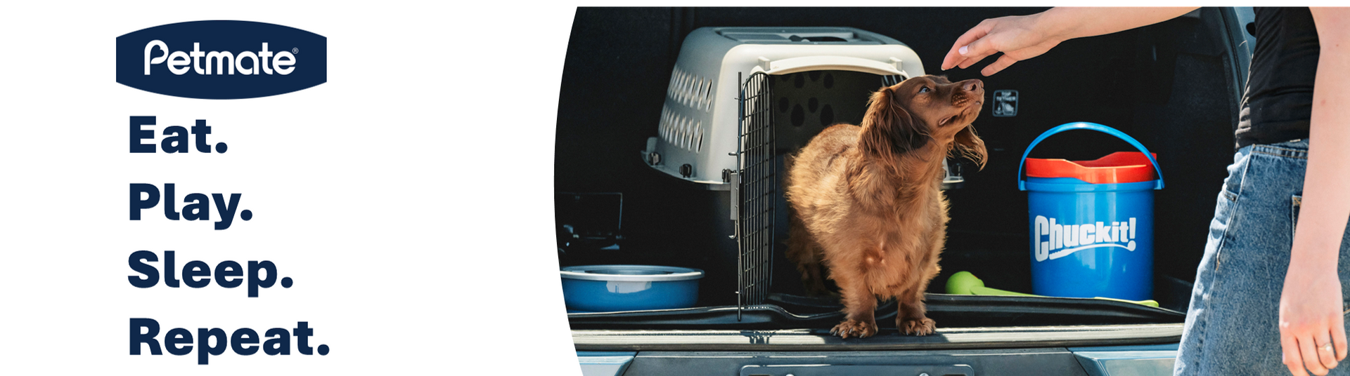A yellow Labrador lies beside a pet carrier with a red bow, near a decorated Christmas tree. Text reads: Find the perfect holiday gifts for your best friend. Shop now. Petmate.