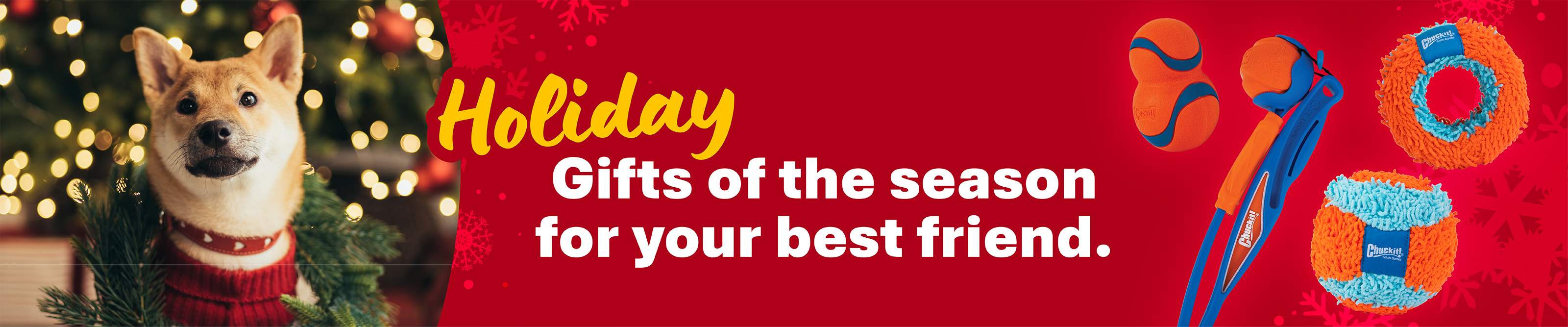 A yellow Labrador lies beside a pet carrier with a red bow, near a decorated Christmas tree. Text reads: Find the perfect holiday gifts for your best friend. Shop now. Petmate.