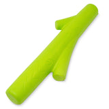 The Hyperpet Hyper Pet Hyper Chewz Stick Dog Toy is a durable EVA foam toy in lime green, branch-shaped with wavy textures and two short protrusions. Ideal for power chewers, it features HYPER-PET.COM and a small power symbol embossed on its surface.
