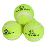 Four neon yellow Hyperpet tennis balls, ideal for fetch training, display the brands logo and graphics in bold black. Theyre arranged in a pyramid on a crisp white background, ensuring high visibility and safe playtime with your dog.