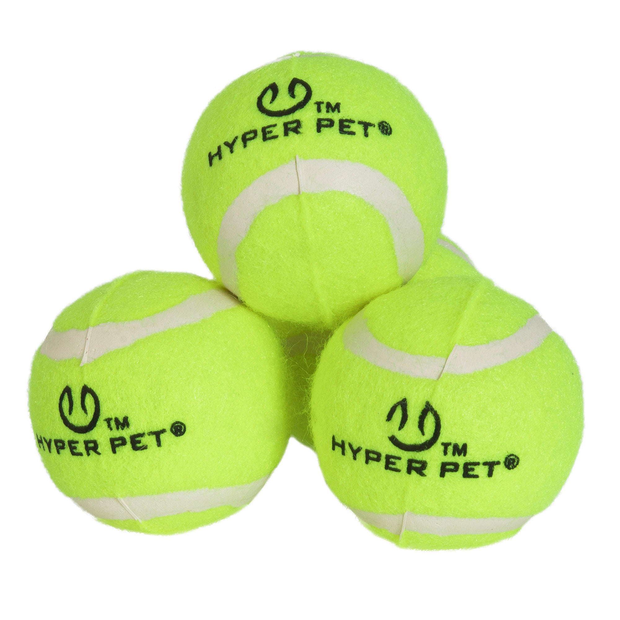 Four neon yellow Hyperpet tennis balls, ideal for fetch training, display the brands logo and graphics in bold black. Theyre arranged in a pyramid on a crisp white background, ensuring high visibility and safe playtime with your dog.