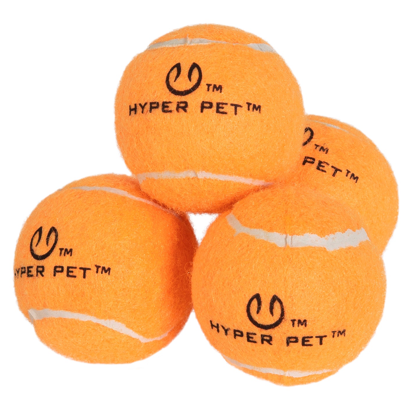 Four bright orange tennis balls from the Hyperpet Mini Orange Tennis Balls 4-Pack, ideal for small dogs, are stacked in a pyramid. These non-toxic balls feature HYPER PET™ printed in black lettering.