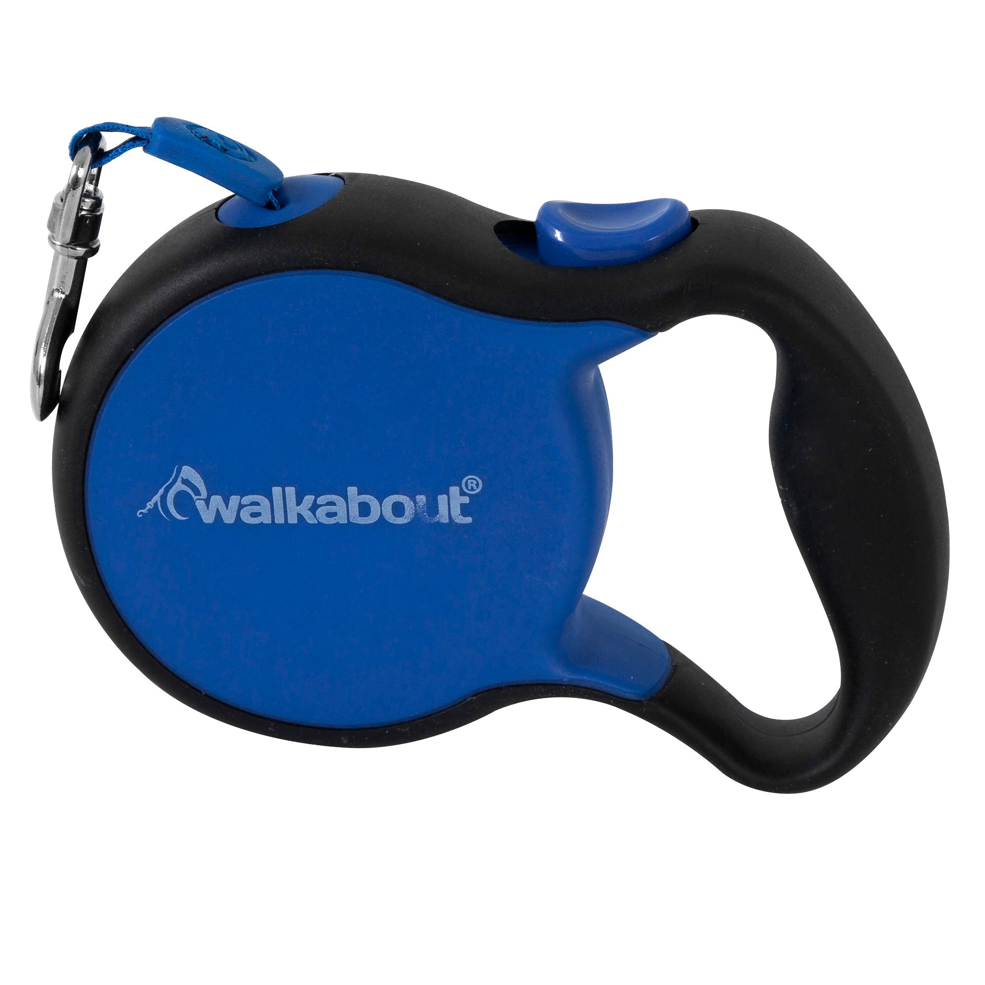 The Petmate Walkabout Retractable Leash by Petmate, in blue and black, includes a silver clip and ergonomic handle. It features Walkabout on the side, tangle-free inlets, and a quick action brake release for seamless walks.