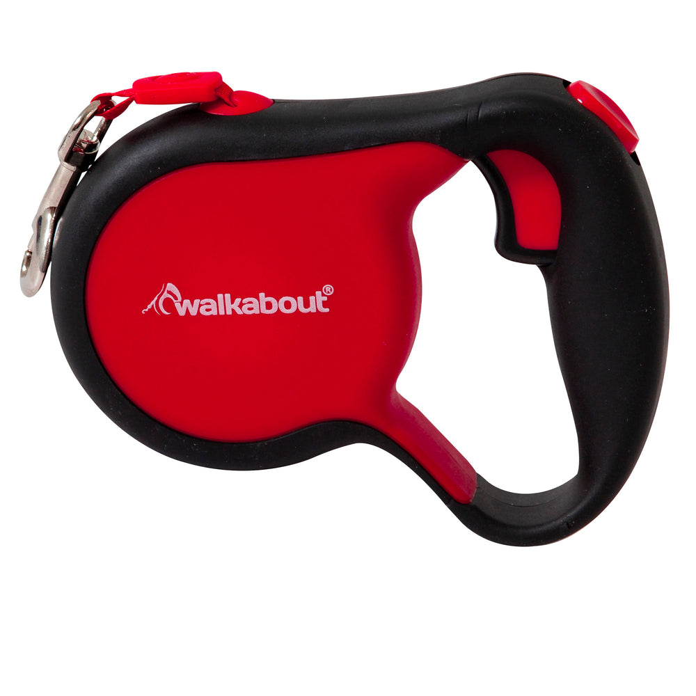The Petmate Walkabout Retractable Leash in bold red and black boasts a comfy black handle. It features a quick-action brake release for safety during walks, with Petmate printed on the side for authenticity.
