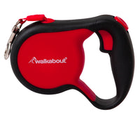 The Petmate Walkabout Retractable Leash in bold red and black boasts a comfy black handle. It features a quick-action brake release for safety during walks, with Petmate printed on the side for authenticity.