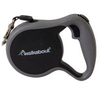 The Petmate Walkabout Retractable Leash by Petmate boasts a sleek gray and black design with a curved handle, quick-action brake release, and tangle-free inlets. The word walkabout adorns the side, and it includes a sturdy metal clip for secure outings.
