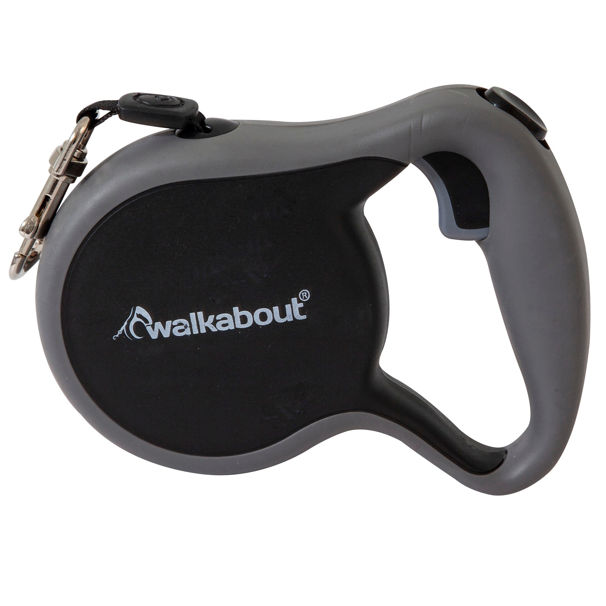 The Petmate Walkabout Retractable Leash by Petmate boasts a sleek gray and black design with a curved handle, quick-action brake release, and tangle-free inlets. The word walkabout adorns the side, and it includes a sturdy metal clip for secure outings.