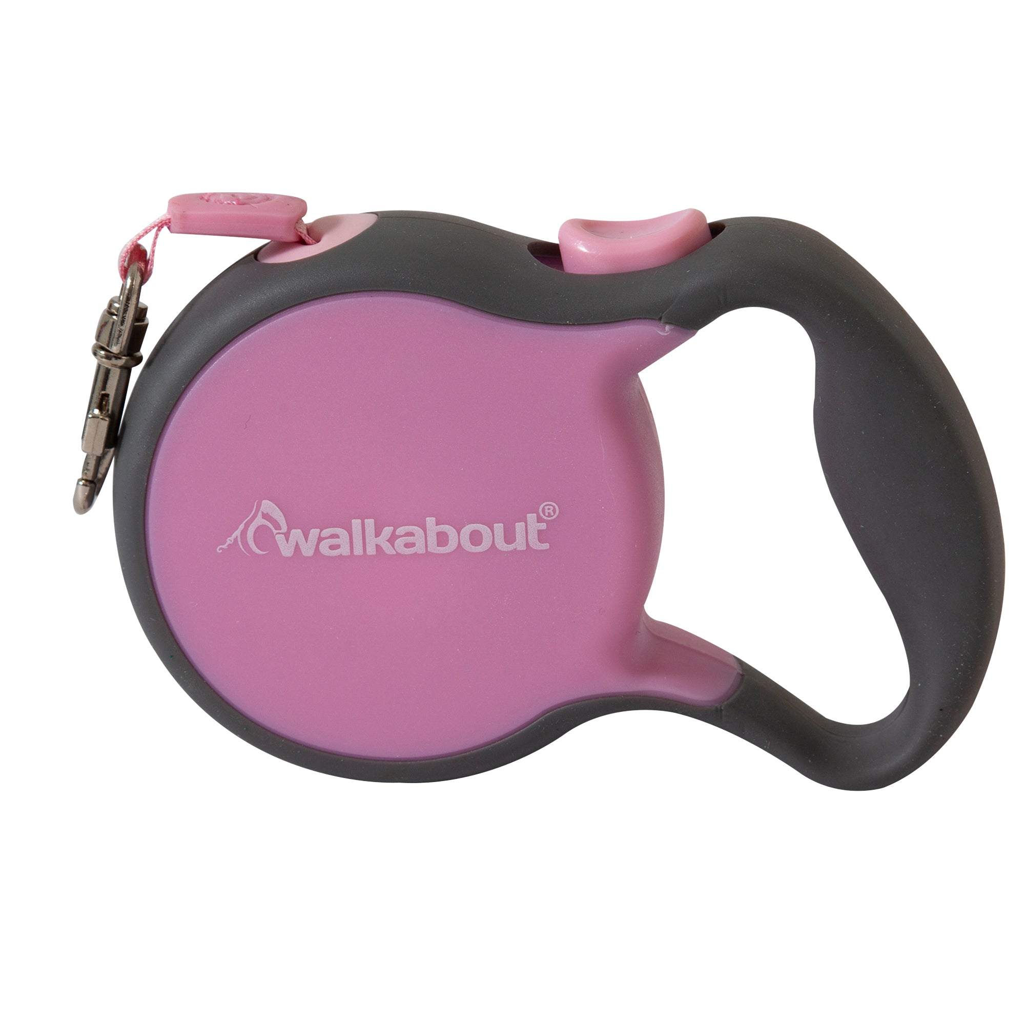 The Petmate Walkabout Retractable Leash features a pink design, black handle, and pink buttons. It includes a quick action brake release, tangle-free inlets, Petmate printed on the body, and a metal clasp for secure collar attachment.