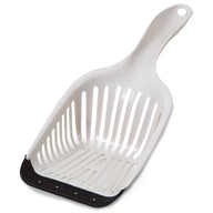 Introducing the Aspen Pet No Tear Cat Litter Scoop: A white plastic scoop with slotted holes, a black rubber edge, and a comfortable grip. Its long handle has a small hole for easy hanging, making it perfect for your kitty litter box maintenance.