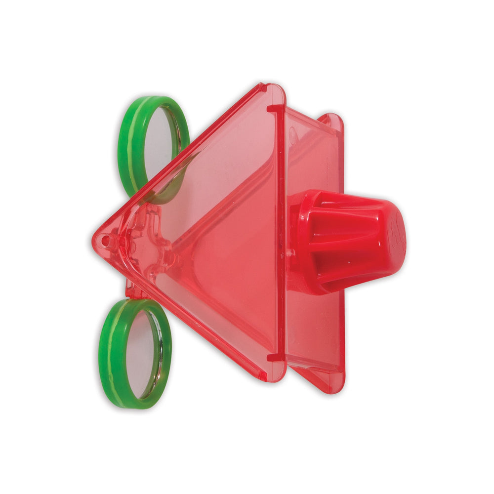 The JW Tilt Wheel Bird Toy by JW is a vibrant toy car made from transparent red plastic, shaped like a rounded-edge triangle. It has two green wheels on each side and a red cylindrical knob on top, ideal for playful parakeets or curious cockatiels to enjoy.
