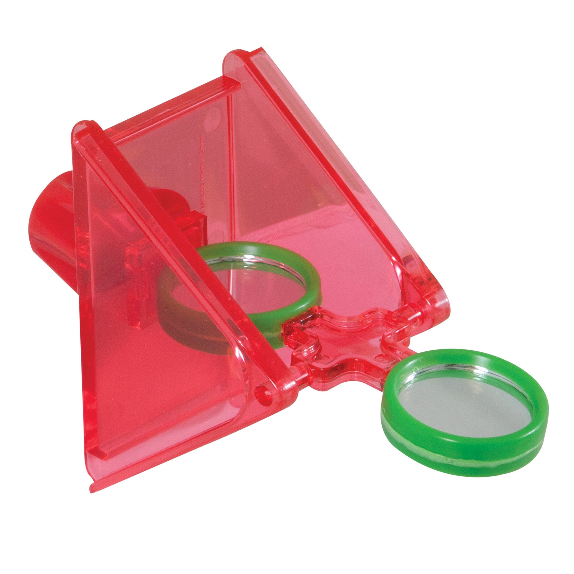 The JW Tilt Wheel Bird Toy, by Jw, is a transparent red periscope with a green mirror designed for cockatiels and parakeets. Made of plastic and featuring simple geometric shapes, this charming childrens toy is displayed on a white background.