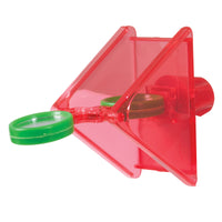 The JW Tilt Wheel Bird Toy by Jw is a red plastic triangular device featuring a green rotating disc at the front. Resembling a fun bird toy for cockatiels or parakeets, it provides educational optical illusions or reflections.