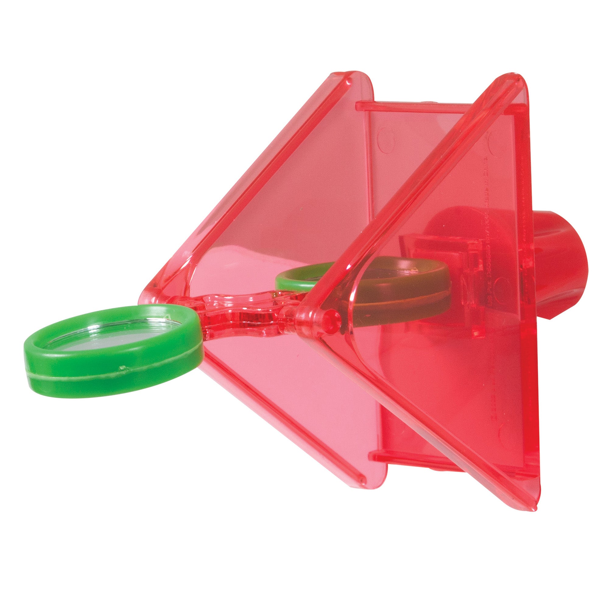 The JW Tilt Wheel Bird Toy by Jw is a red plastic triangular device featuring a green rotating disc at the front. Resembling a fun bird toy for cockatiels or parakeets, it provides educational optical illusions or reflections.