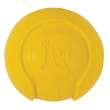 The JW iSqueak Bouncin Baseball by Jw is a round, yellow dog toy made of heavy-duty rubber. It has jw embossed on it and features a textured design with small ridges around the edges. It includes Safe-Squeaker Technology for worry-free play.