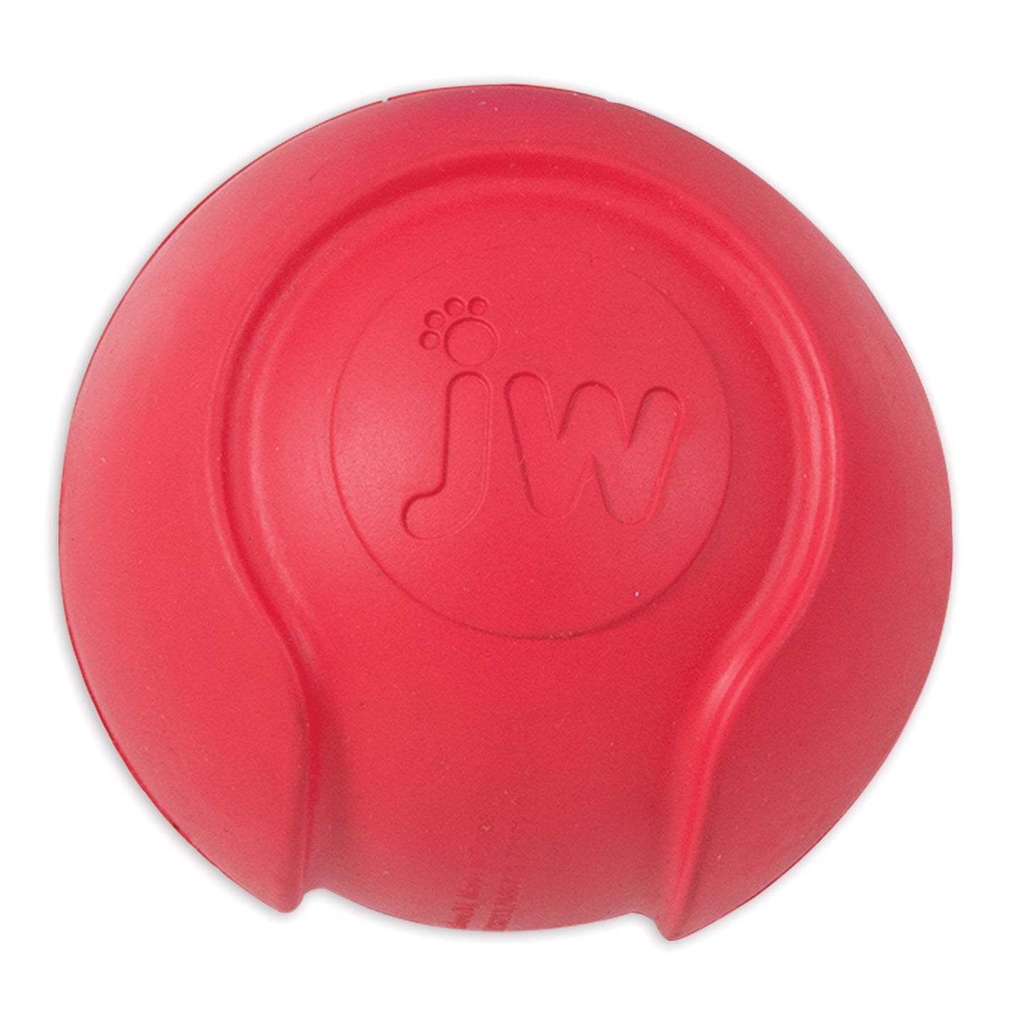 The JW iSqueak Bouncin Baseball, by Jw, is a durable red rubber dog toy with jw embossed at its center, curved side indentations, and Safe-Squeaker Technology for endless fun.