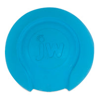 The JW iSqueak Bouncin Baseball is a blue, circular dog toy made of heavy-duty rubber featuring jw embossed in the center. It has a slightly textured surface, smooth edges, and Safe-Squeaker Technology for endless play.