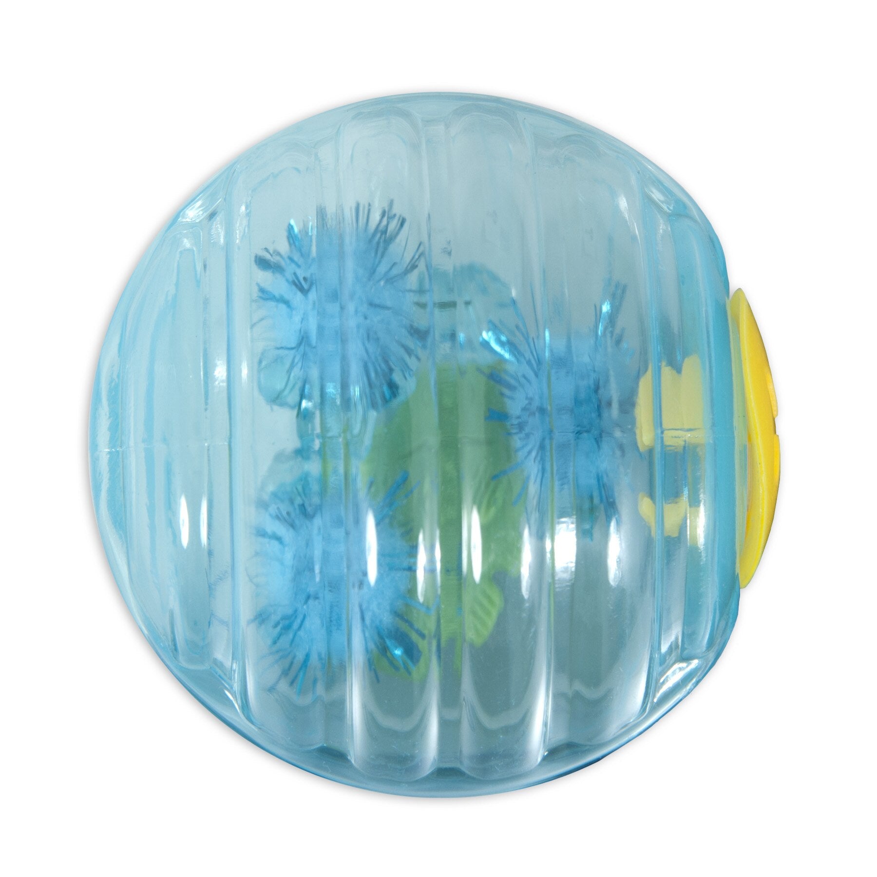 The JW Cataction Fish Ball by Jw is a durable rubber cat toy featuring a blue transparent ball with textured ridges and blue and yellow pom-poms inside. A yellow side section adds intrigue, making it perfect for play.