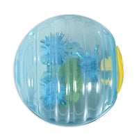 The JW Cataction Fish Ball by Jw is a durable rubber cat toy featuring a blue transparent ball with textured ridges and blue and yellow pom-poms inside. A yellow side section adds intrigue, making it perfect for play.