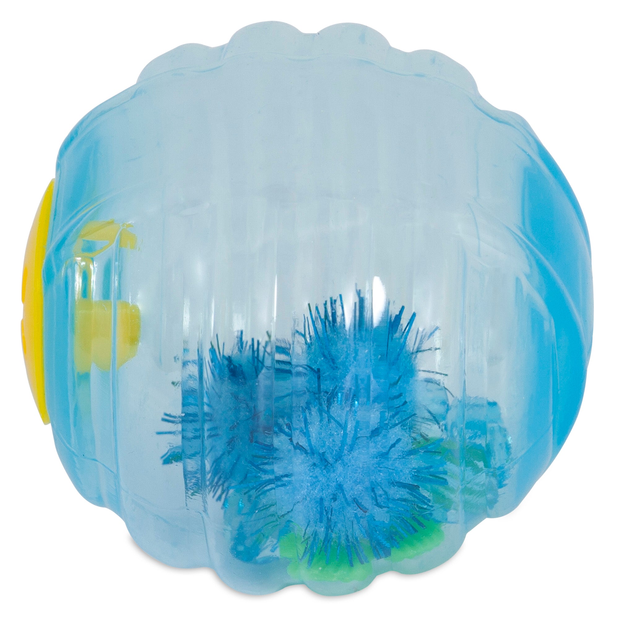 The JW Cataction Fish Ball by Jw is a durable rubber cat toy featuring a clear blue ball with textured ridges enclosing fuzzy blue and green objects like rattle beads. Its segmented design includes a hint of yellow on the left side, offering interactive features for your cat.