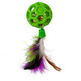 Presenting the JW Cataction Feather Ball with Bell Cat Toy—a bright green lattice sphere from JW, featuring an internal bell and colorful feathers (green, purple, white, brown) attached to the bottom.