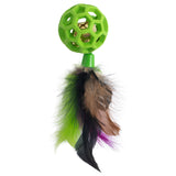Introducing the JW Cataction Feather Ball with Bell by Jw: a green, lattice-style spherical cat toy featuring an internal bell and colorful feathers in green, brown, black, and purple at the base for endless feline fun.