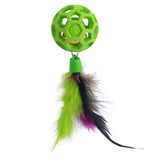 Check out the JW Cataction Feather Ball with Bell Cat Toy! This vibrant green toy features a lattice design with enticing feathers in green, purple, and black dangling below. From the trusted Jw brand, its sure to captivate any cats attention!.