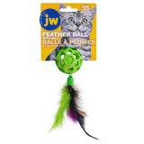 The JW Cataction Feather Ball with Bell Cat Toy packaging displays a green ball with a bell, colorful feathers, and a gray tabby cat in the background. The text Feather Ball with Bell appears in English and French.