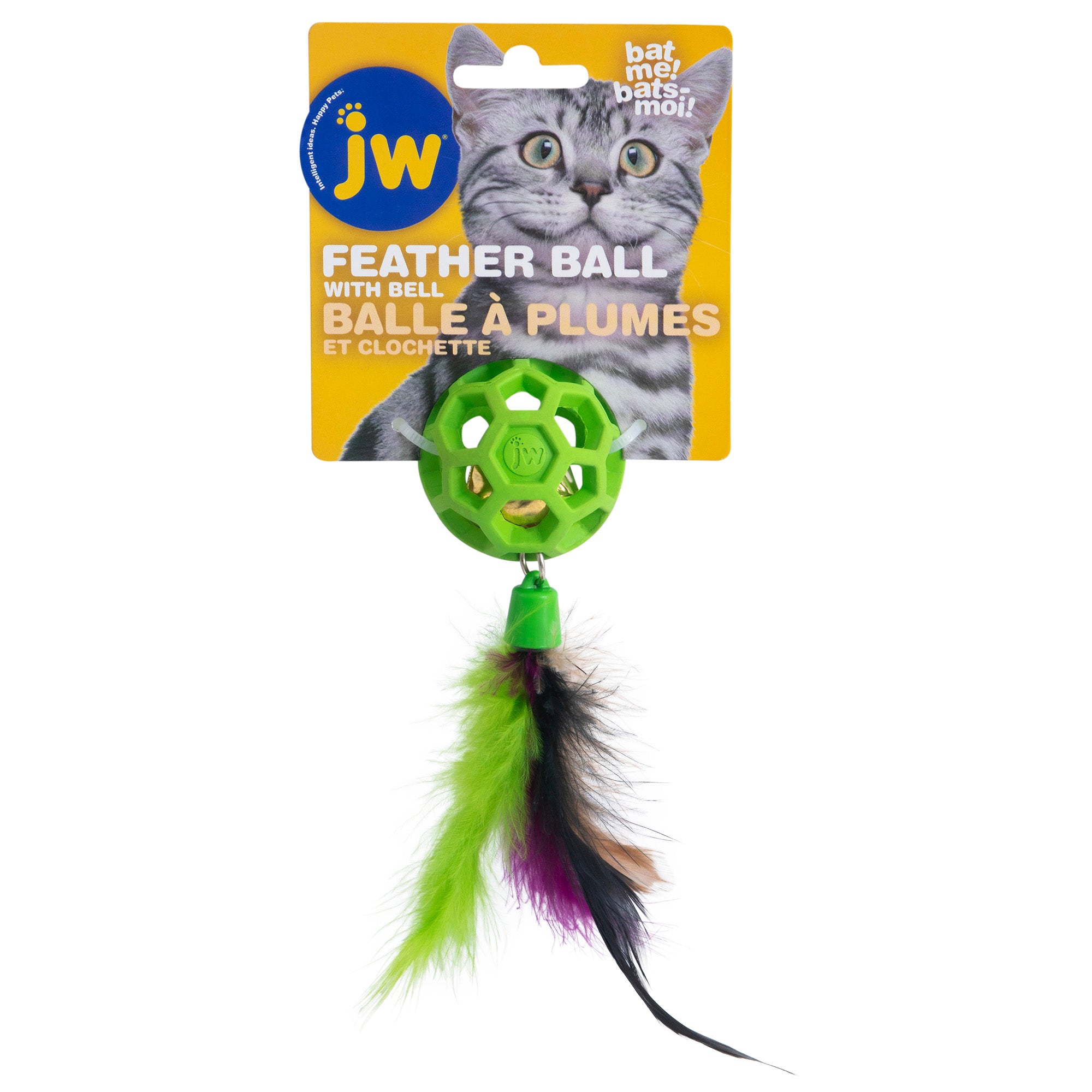 The JW Cataction Feather Ball with Bell Cat Toy packaging displays a green ball with a bell, colorful feathers, and a gray tabby cat in the background. The text Feather Ball with Bell appears in English and French.