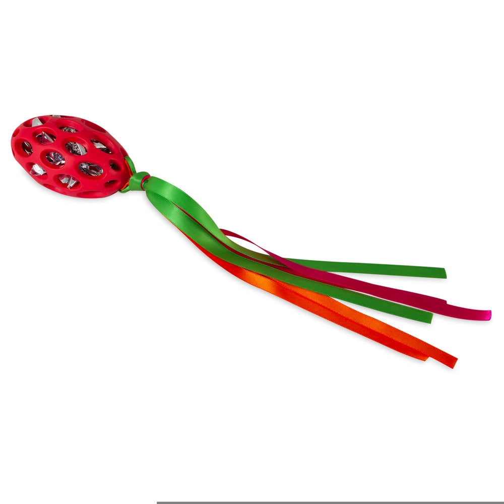 Introducing the JW Cataction Football Streamer Cat Toy: a vibrant red creation featuring silver jingle bells within a lattice design. Green, orange, and pink ribbons enhance playfulness, keeping your cat active and engaged with captivating sound and movement for healthy exercise.