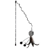 The JW Feather Ball Cat Wand by Jw features a long, striped pole with a wavy string holding a circular fabric piece adorned with black feathers and two fluffy pom-poms.