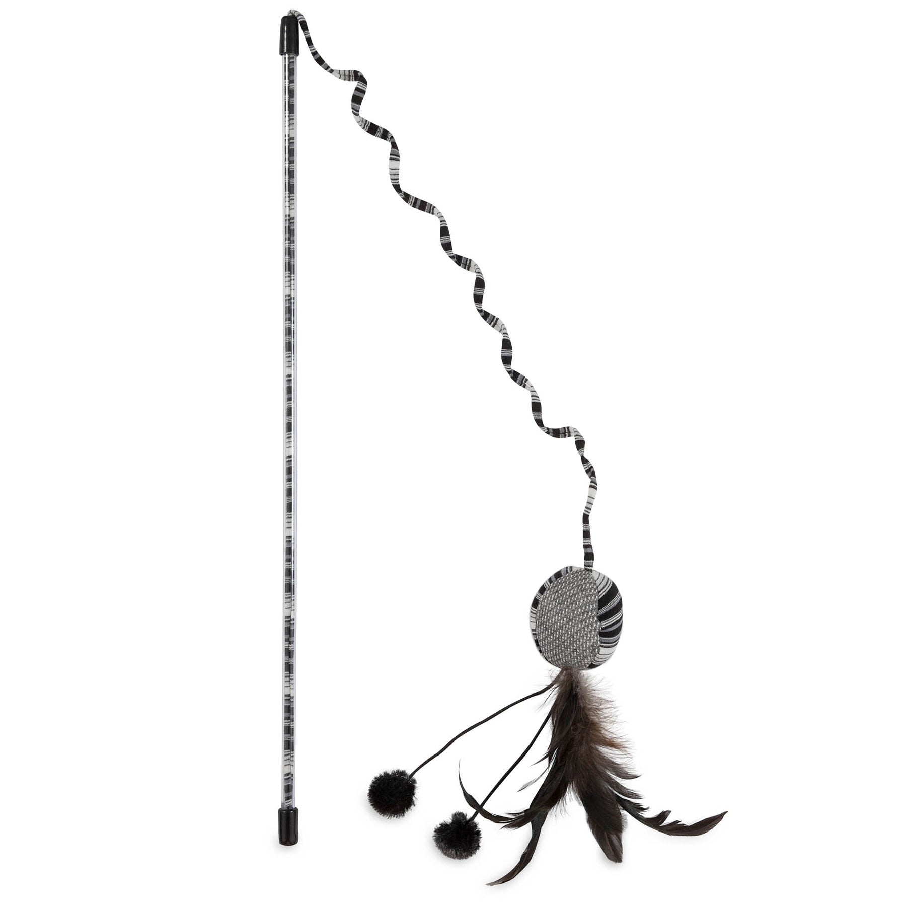 The JW Feather Ball Cat Wand by Jw features a long, striped pole with a wavy string holding a circular fabric piece adorned with black feathers and two fluffy pom-poms.