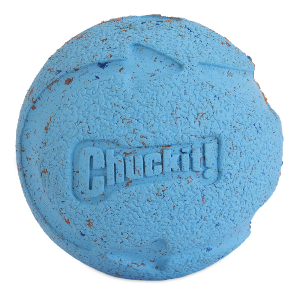 The Chuckit! Rebounce Fetch Ball, made by Chuckit from recycled natural rubber, has a rough texture and dirt marks from outdoor play. It prominently displays Chuckit! and features a high-bouncing design for endless fetch fun.