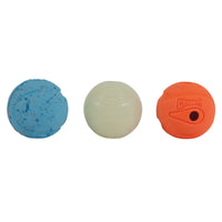 In a playful row, the Chuckit Medium Fetch Medley Dog Ball Set from Chuckit displays three dog balls: a blue speckled one on the left, a Max Glow Ball in the center, and an orange one with the brand logo on the right.